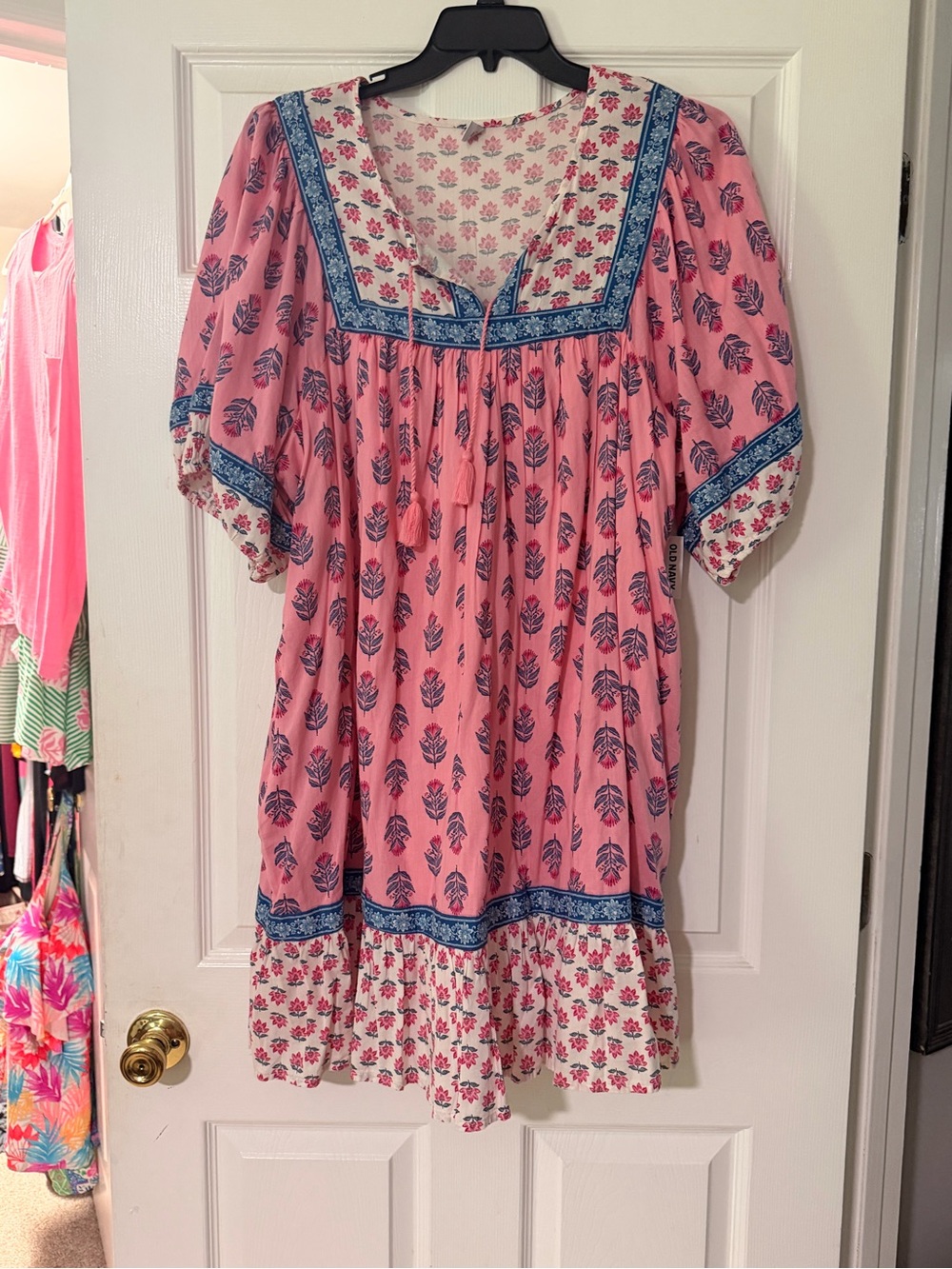 Old Navy Pink Floral Boho Mini Dress with Blue Trim